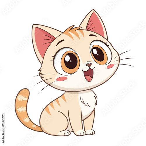 Cute Cartoon Cat with Big Eyes Vector Illustration.