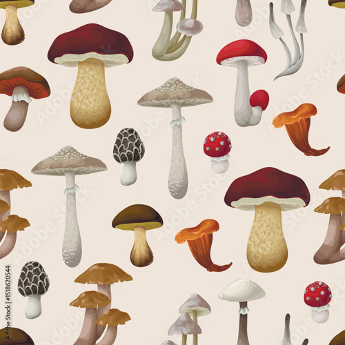 Seamless pattern with different mushrooms. Vector.