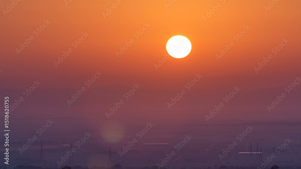 Obraz premium Beautiful sunrise in lonely desert and mountain in the background timelapse, Ajman, UAE