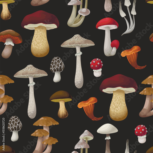 Seamless pattern with different mushrooms. Vector.