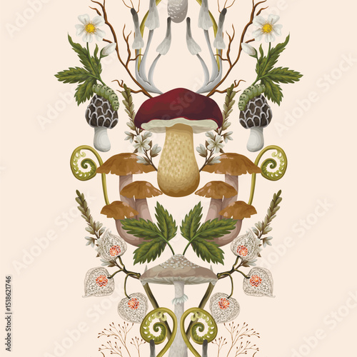 Border with mushrooms, berries, plants and leaves. Vector.