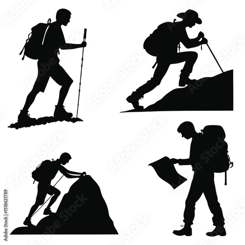 Set of silhouettes of tourists and adventurers