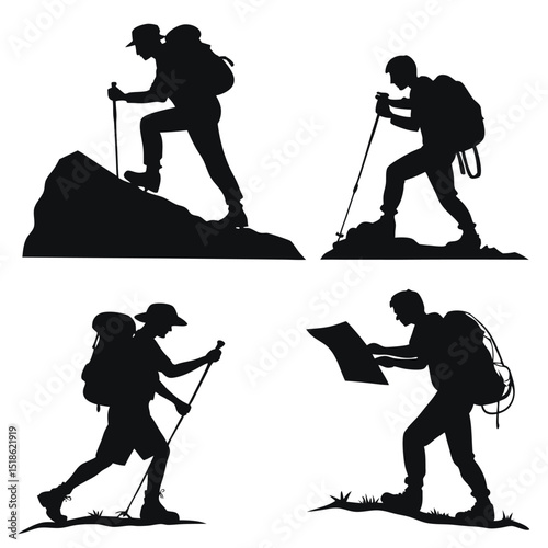 Set of silhouettes of tourists and adventurers