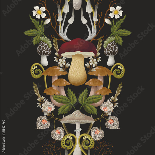 Border with mushrooms, berries, plants and leaves. Vector.