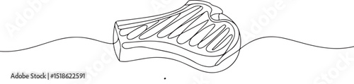 Continuous one line drawing of a grilled ribeye steak with T-bone and grill marks, minimalist black line art on white background

