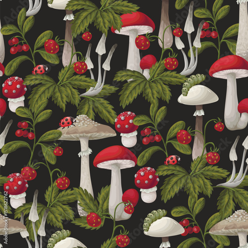 Seamless pattern with mushrooms, berries, plants and leaves. Vector.