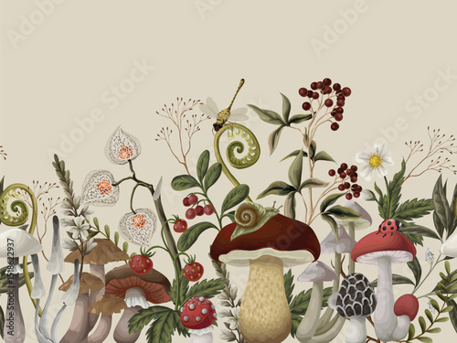 Border with mushrooms, berries, plants and leaves. Vector.