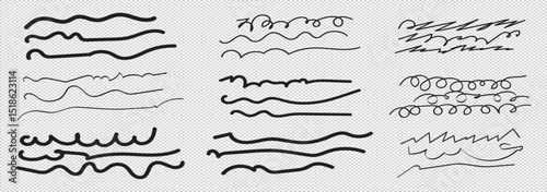 Underlines set, hand drawn marker pen strokes. Doodle style collection wavy curly various strips art lines.Isolated.Vector illustration EPS 10