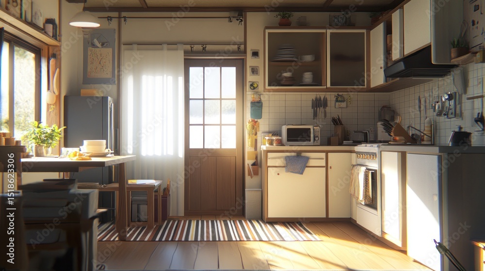 Fototapeta premium Cozy, sunlit kitchen interior design, showcasing warmth and simple elegance.