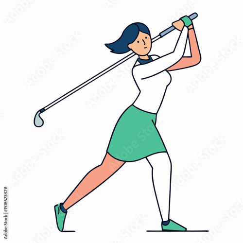 A dynamic line art drawing of a female golfer swinging her club a perfect graphic for sports websites or branding materials showcasing athleticism and a healthy active lifestyle