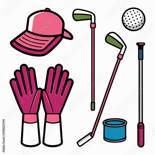 Delightful Golfing Equipment Design Featuring Pink Gloves Cap Clubs and Ball a Scalable Graphic Ideal for Branding and Logo Creation