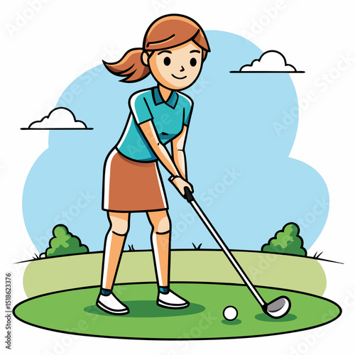 A charming cartoon of a female golfer swinging her club on a sunny golf course, perfect for websites, logos, or branding materials related to sports, leisure activities, or women in sports.