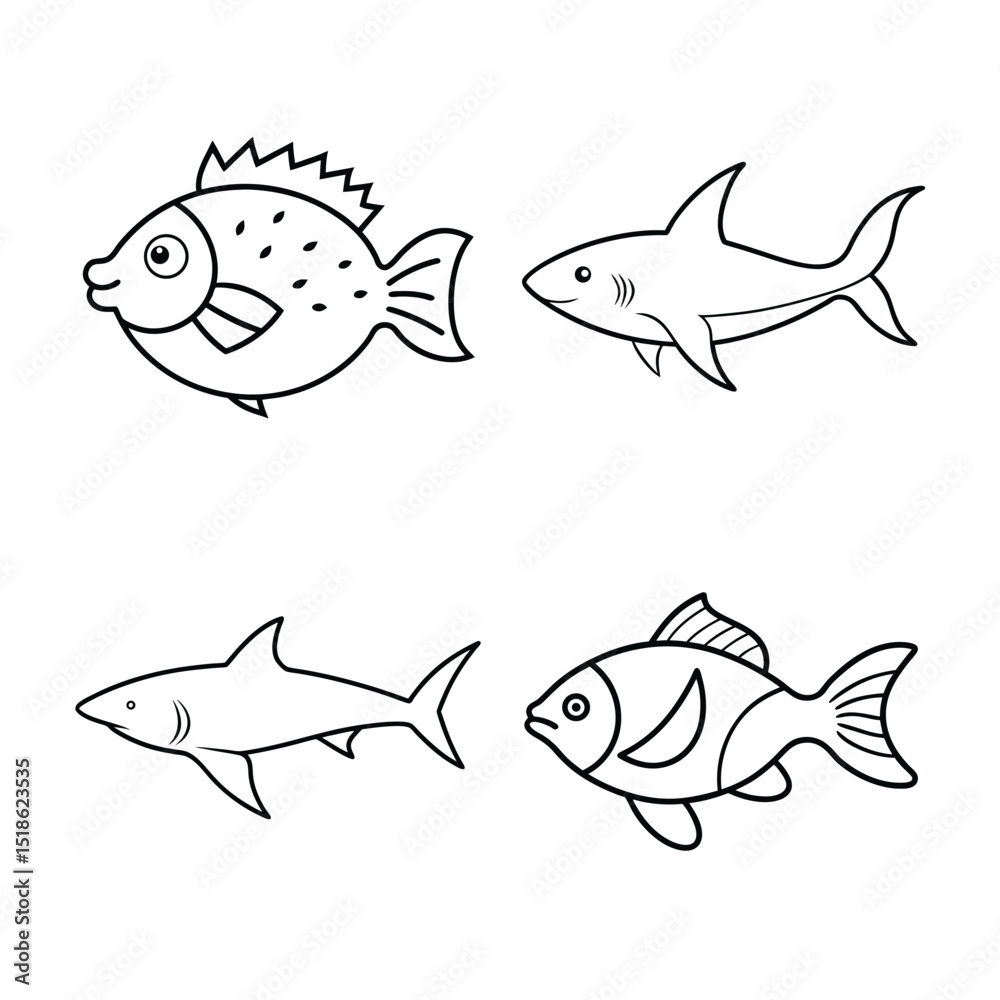 Naklejka premium line art of sea fish bundle design (1)