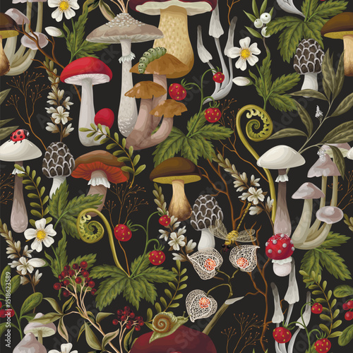 Seamless pattern with mushrooms, berries, plants and leaves. Vector.