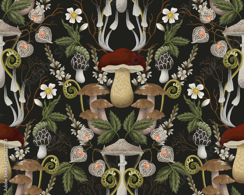 Seamless pattern with mushrooms, berries, plants and leaves. Vector.