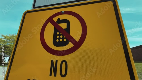 No Cell Phone Zone road sign on roadside, promoting safe driving and distraction-free zones. Traffic safety warning against mobile phone use in restricted driving areas