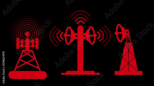 Radio Towers with Signal Waves Animated, Wireless Signal Transmission from Communication Tower