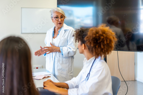Senior doctor leading medical training for young professionals in hospital conference room