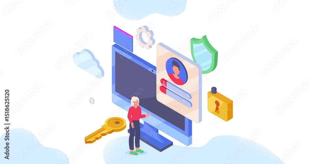 Protection of personal data. Moving banner with man entering login and password to log into his account. User authorization and authentication in social networks. Isometric 3D graphic animated cartoon
