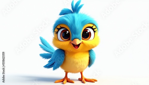 Cute cartoon bird with big eyes and friendly smile. Bright blue and yellow feathers, stands on two feet, isolated white background. Happy character for design and animation.
