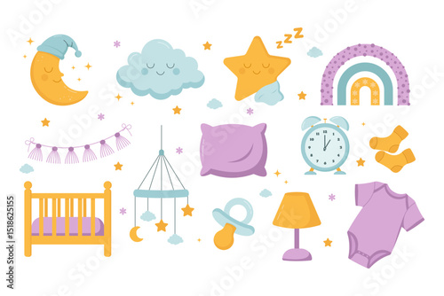Cute baby sleep set with moon, cloud, star, clock, crib, pillow, lamp, socks, and pacifier in soft pastel colors. Perfect for nursery, bedtime, and baby products design.