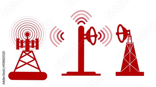 Radio Towers with Signal Waves Animated, Wireless Signal Transmission from Communication Tower