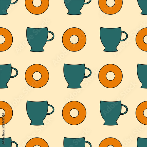 Seamless pattern with coffee cups and donuts in a flat style in turquoise and orange colors. They symbolize the time of breakfast, tea or coffee.