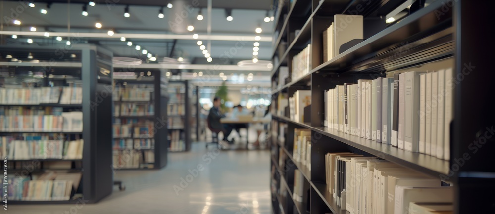 Fototapeta premium The Learning Environment: Books and Background Activity. Focus on Knowledge: Bookshelf in a Modern Study Space
