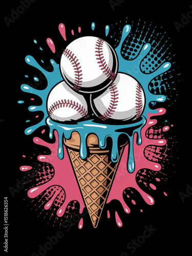 Three baseballs are stacked in an ice cream cone, surrounded by vibrant splashes of pink and blue.