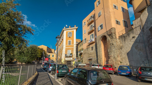 Fototapeta Naklejka Na Ścianę i Meble -  Typical medieval narrow street in beautiful town of Albano Laziale timelapse hyperlapse, Italy