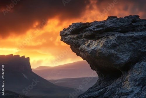 Dramatic landscape featuring a rocky outcrop silhouetted against a vibrant, fiery sunset sky, with mountains receding into the distance. photo