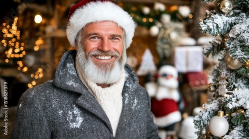 Smiling man with a beard wearing a Santa hat and winter coat in a festive Christmas setting photo