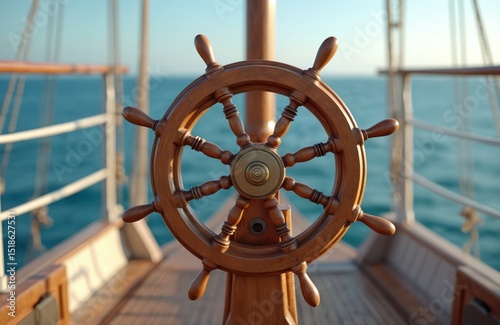 Classic wooden ship steering wheel on a boat sailing at sea. Nautical travel, adventure, cruise, yacht concept. Wooden helm in the water, vacation, navigation and control, travel on open water.