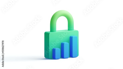 Vibrant photo of rising data icon; 1 lock icon; facing front; light green to blue palette; 3d object; on white background.