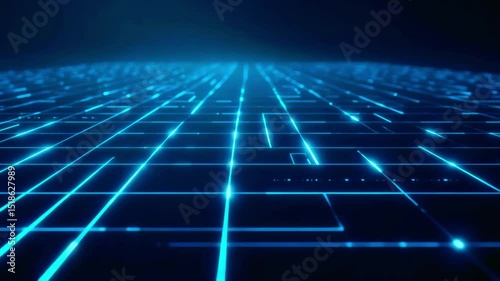 Futuristic digital landscape with glowing grid patterns and vibrant blue hues