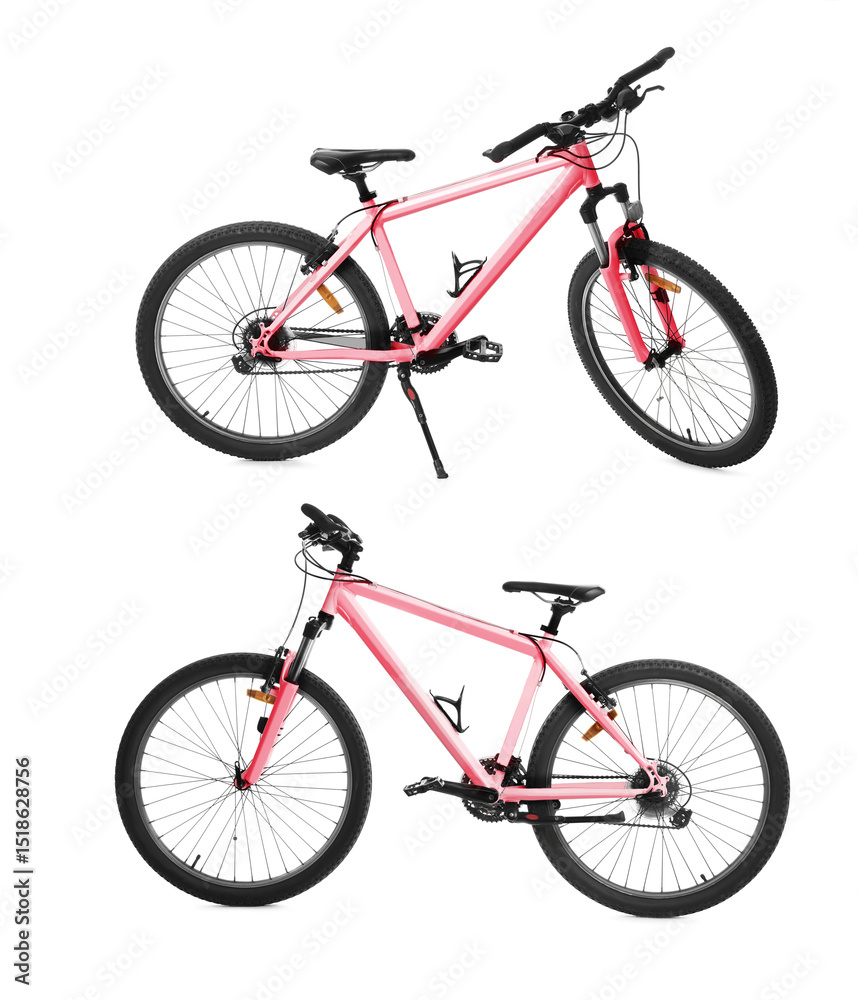 Fototapeta premium Color bicycle on white background, collage. View from different sides