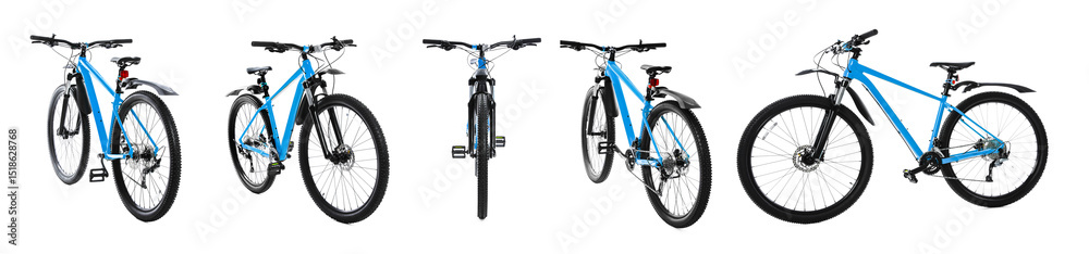 Fototapeta premium Color bicycle on white background, collage. View from different sides