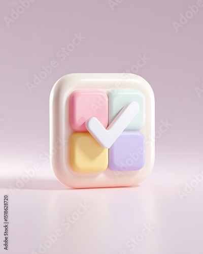 Vibrant photo of 3d icon pastel minimal checkmark box productivity isometric soft lighting clean background white backdrop smooth clay render octane render.