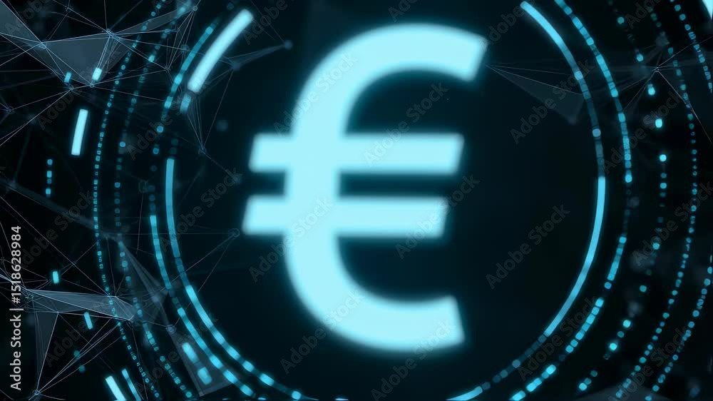Blue digital euro currency symbol rotating with glowing network grid. Electronic financial technology innovation for blockchain.