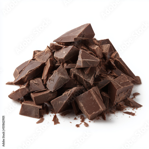 A Pile of Exquisitely Broken Dark Chocolate , white background cut out PNG