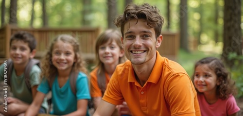 Summer camp counselor with kids smiles at camera. Children enjoy summer activities outdoor. Kids with backpack, smiling face. Friendship, teamwork, recreation, fun, childhood, camping, nature,