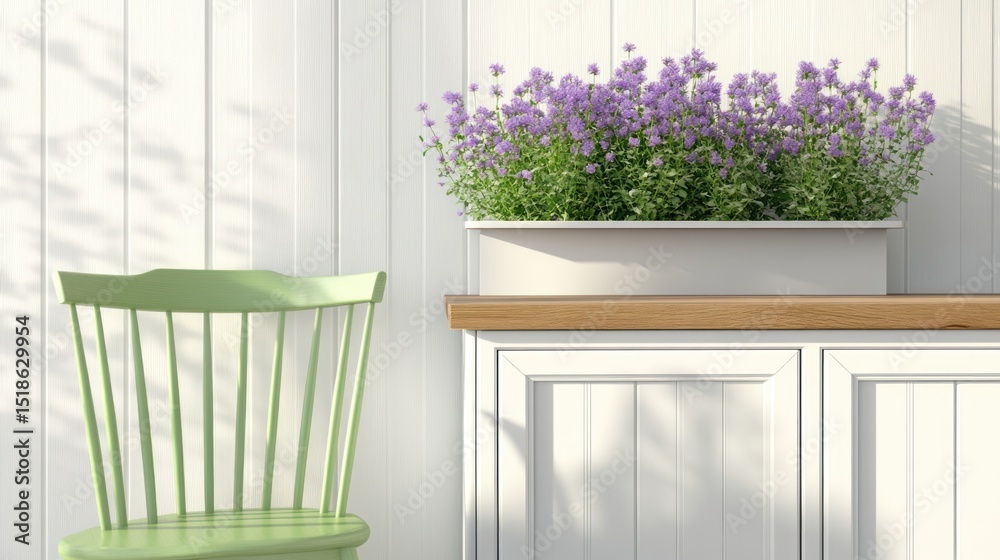Fototapeta premium A light-filled patio area with a light-green chair and lavender planter.
