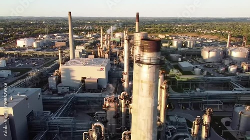 Industrial complex with towering smokestacks and pipelines, set against a lush green landscape at sunset.