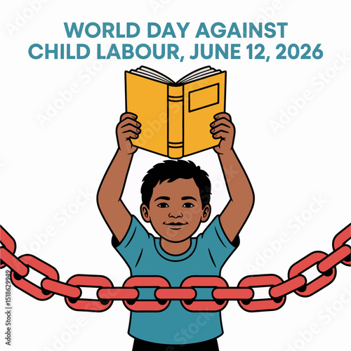 Child raising book breaking chains design for world day against child labour June 12 education campaign vector