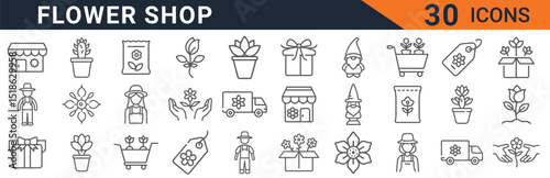 Flower shop icon set vector illustration with gardening and floral elements for graphic and web design