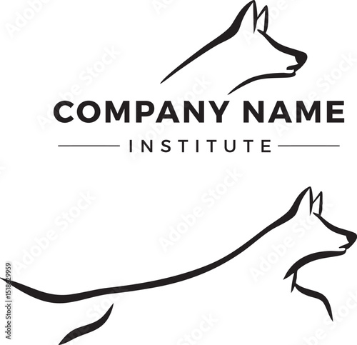 Minimalist black line art logo featuring a sleek dog 
 vector dog silhouette in profile view, paired with placeholder text  Ideal for pet businesses, dog training centers, and professional
