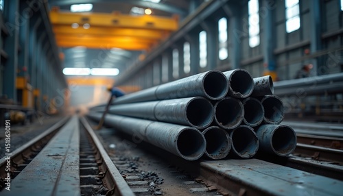 Steel pipes stacked in metallurgical plant workshop. Overhead crane handles heavy industrial load. Manufacturing process, production, warehouse, transport, logistic. Metallic tubes pack at storage,
