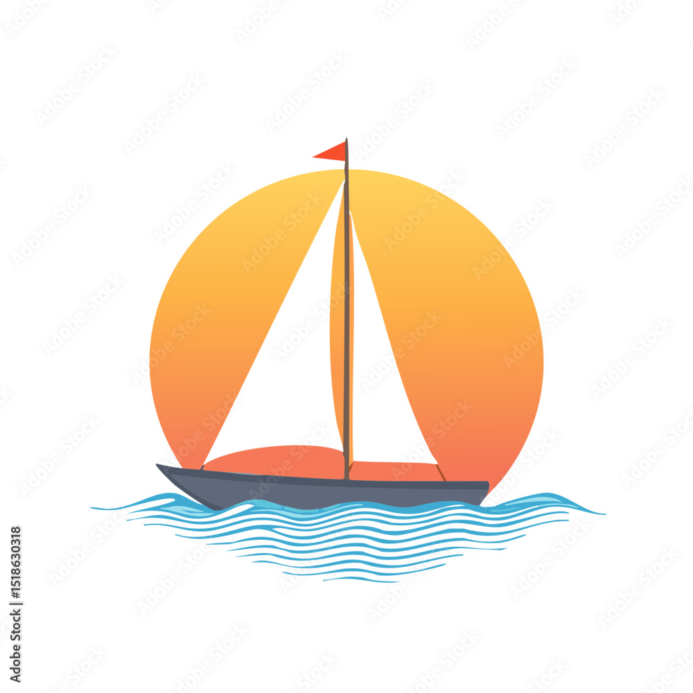Fototapeta premium Sailing Boat at Sunset – Vector Illustration of Yacht on Ocean Waves