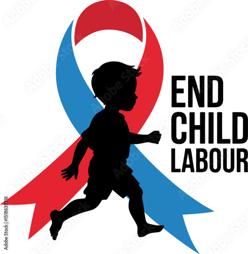 Silhouette with ribbon illustration saying end child labour in red and blue color theme vector for awareness