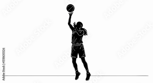Teenage girl shooting basketball in silhouette against a white background  